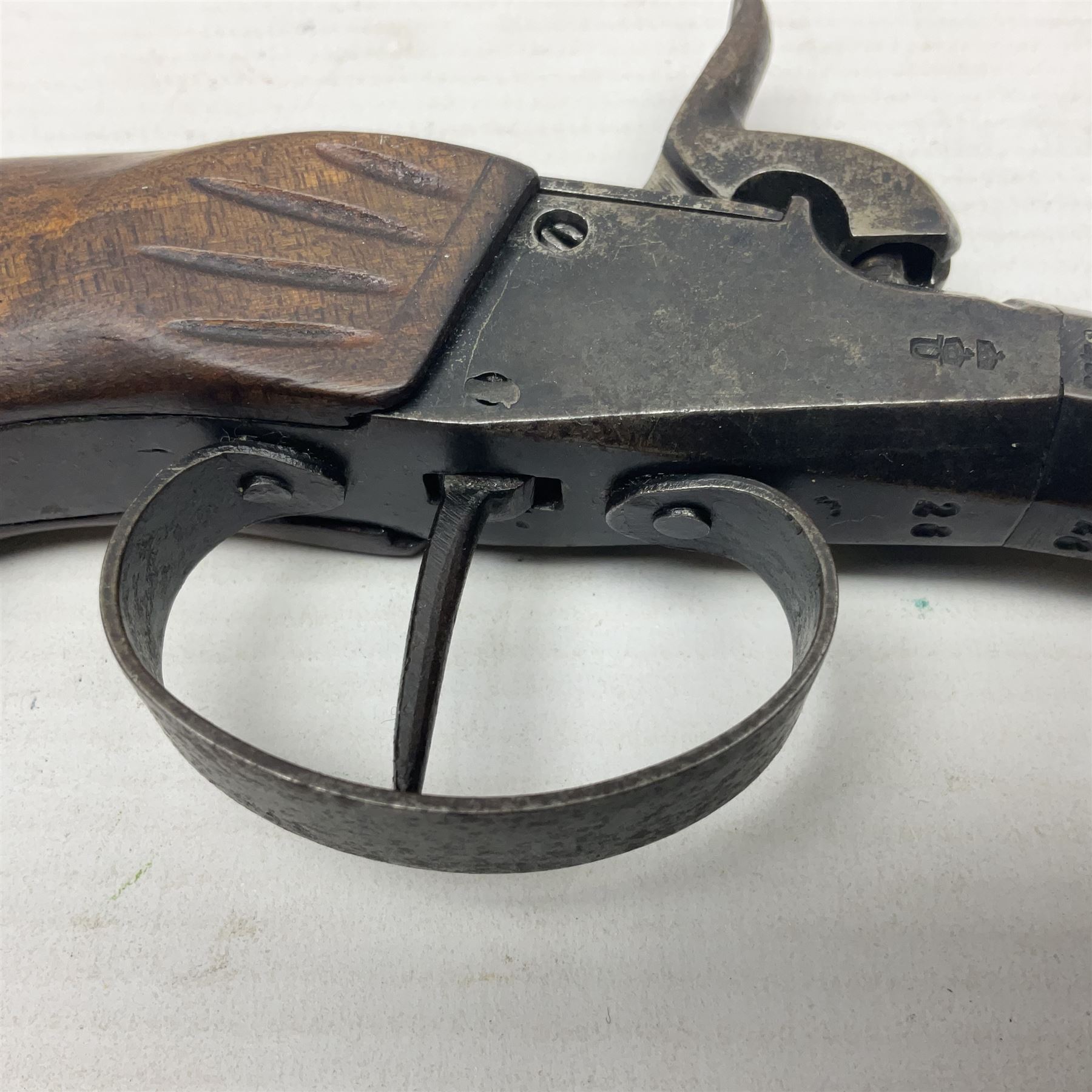 Percussion pocket pistol, 9cm octagonal barrel with German proof marks, figured walnut stock 21cm overall