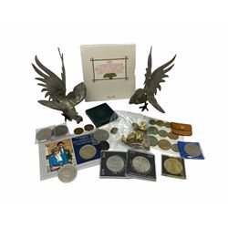 Two white metal birds, coins including 1951 Festival Of Britain crown, other commemorative crowns, United Kingdom 1987 brilliant uncirculated coin collection, buttons etc