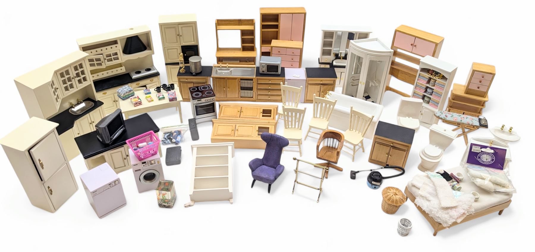 Modern 1:12 scale dolls house furniture, comprising pine kitchen set, with wall cabinets, floor cabinets and sink unit, white wooden bathroom suite, white wooden kitchen and dining room furniture and appliances, wooden bedroom furniture, Raine purple wingback chair, tv, desk, fish tank, etc