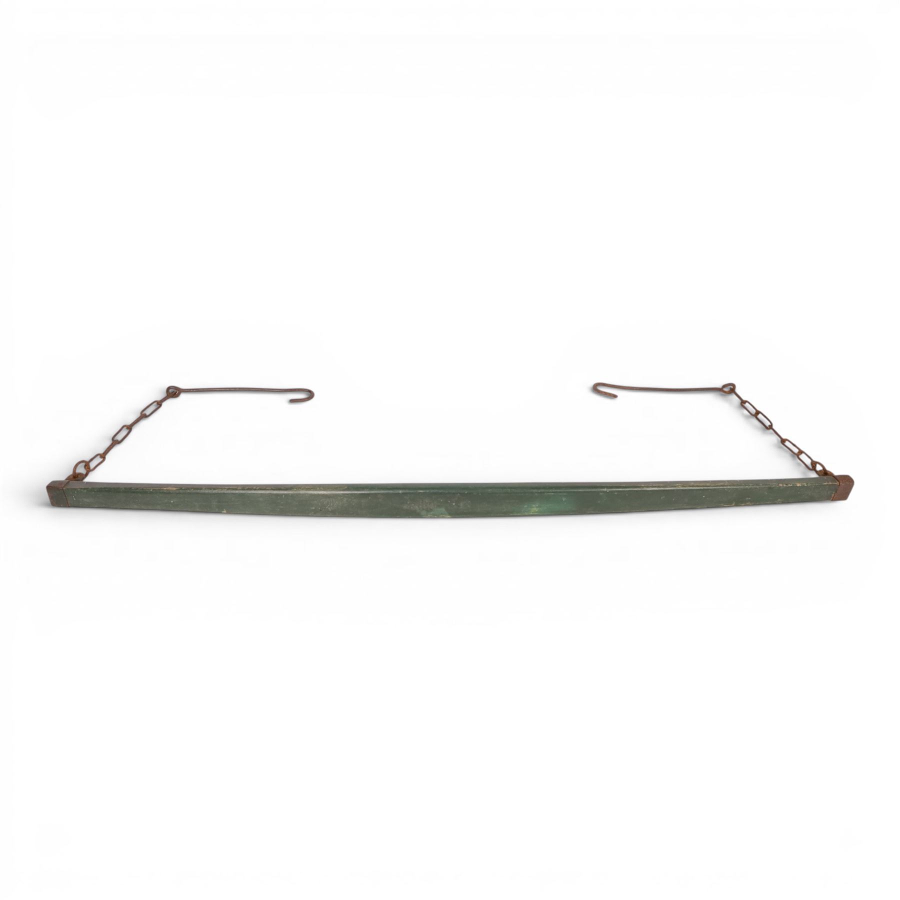 Green painted yoke with iron fittings and hooks, L118cm