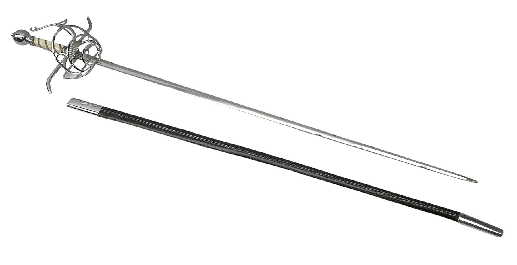 Replica knight's longsword, the 91.5cm double-edged steel blade with basket hilt and wire-bound bone grip with spherical pommel, in leather scabbard L112cm overall
