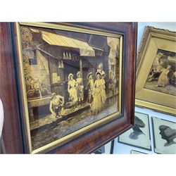 Three early 20th century full profile framed silhouettes, each signed Scot-Ford 1929, together with four hand painted portrait silhouettes and two framed crystoleums, depicting figural scenes (9), largest H35cm
