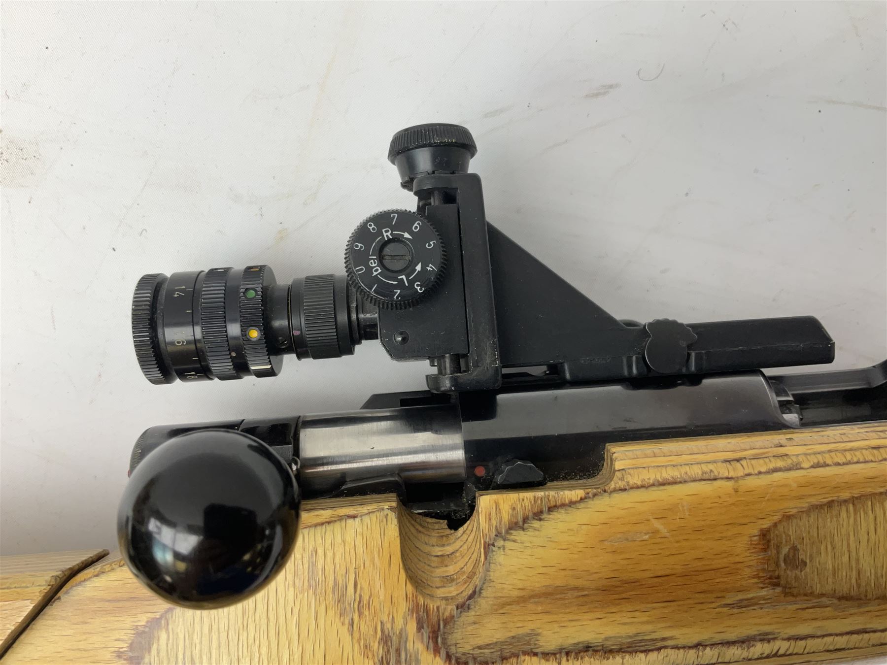 Feinwerkbau, Westinger & Altenburger Germany .22 LR bolt-action target rifle with 67cm barrel, fully adjustable weights and laminated stock, sliding weight rails and vernier rear sight; bi-pod rest at front; No.4225 L123.5cm overall SECTION 1 FIRE-ARMS CERTIFICATE REQUIRED       

