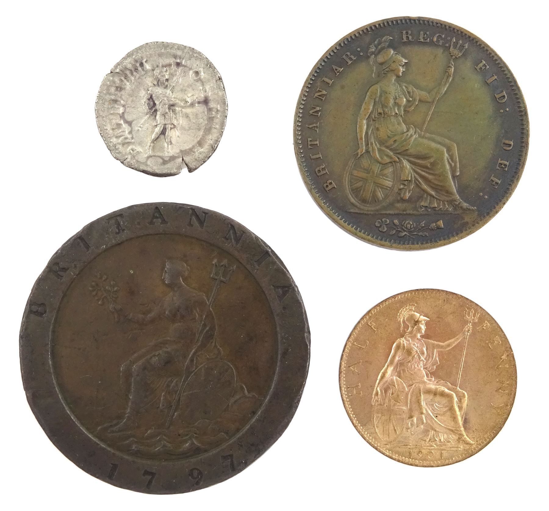 King George III 1797 cartwheel twopence, Queen Victoria 1853 penny and 1901 halfpenny and a Roman silver denarius coin