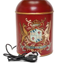 Pair of late 20th century tole peinte tea canister electric table lamps decorated with the royal coat of arms on a red ground and with metal shades H72cm