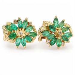 Pair of 14ct gold emerald and diamond cluster earrings, each stud set with ten marquise cut emeralds and three round cut diamond accents, stamped 14K