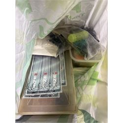 Fishing equipment, including two Fladen Vantage reels, split cane rod, hooks, line, lures etc, in Leeda plastic box and table top plastic drawers