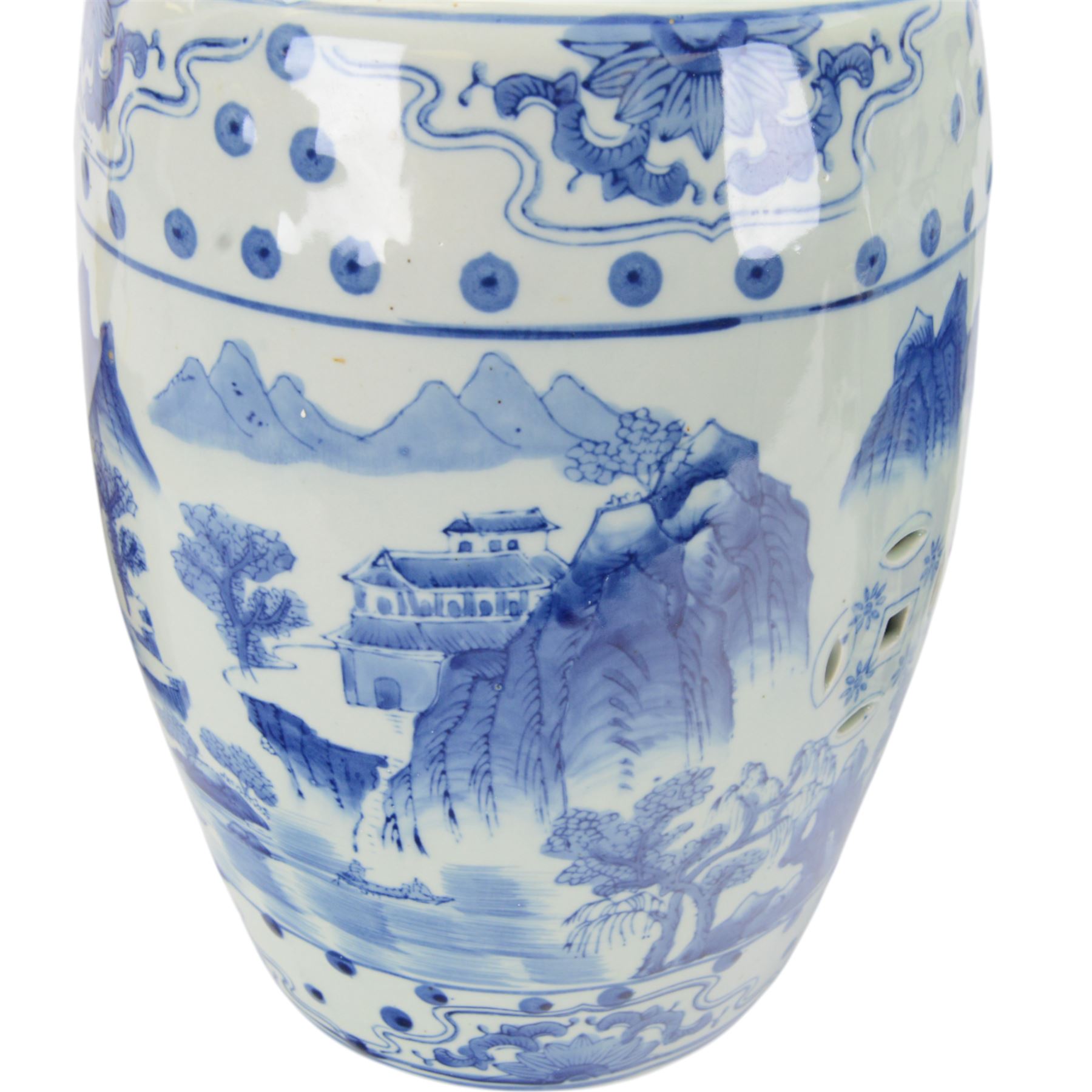 Pair of Chinese blue and white garden stools, decorated with pagodas a landscape, H40cm 