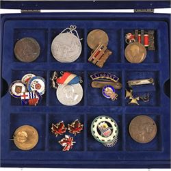 Collection of badges, medals, medallions, coin broches, two lead Great Seals, etc, in Westminster box