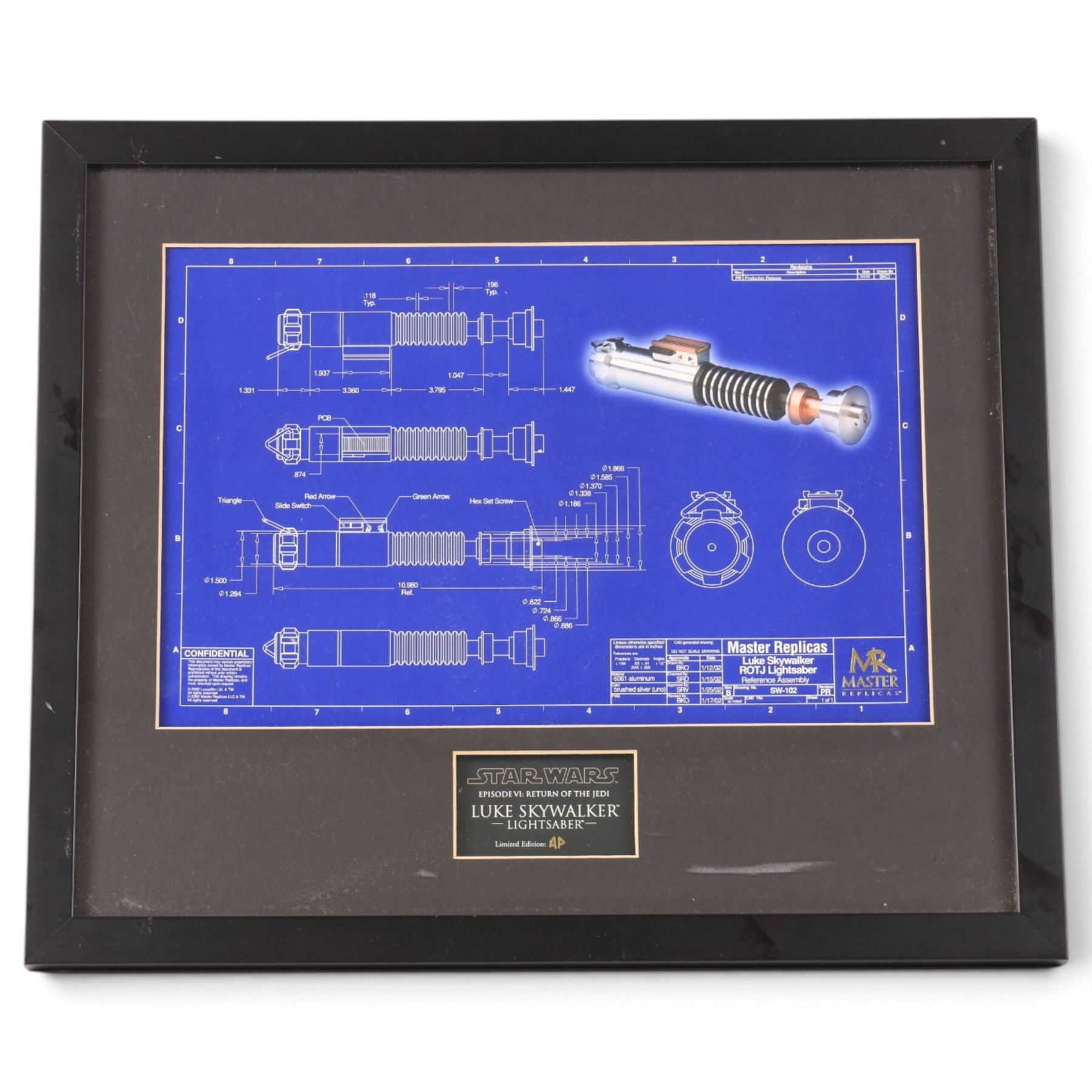 Master Replicas Star Wars Luke Skywalker's Lightsaber no. SW-102,  1:1 scale, in box with outer cardboard sleeve, with certificate, separate acrylic display case and plaque, limited edition no. 2045/2500