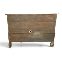 18th century oak hall cupboard, rectangular top with moulded edge, over two panelled hutch-cupboards, the base fitted with six assorted drawers, on large bracket feet
