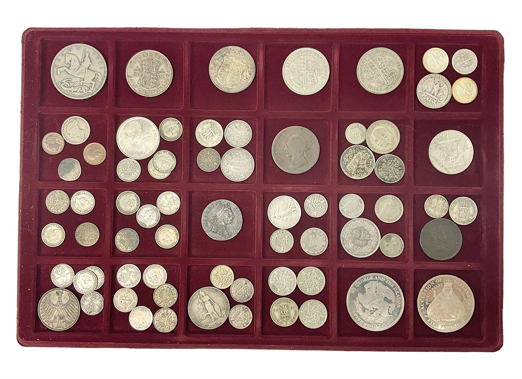 Great British and World coins including King George V 1935 crown, various silver three pence pieces, United States of America 1944 quarter dollar etc, housed in a coin tray