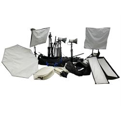 Collection of photography equipment - Nikon D90 DSLR camera, Nikon DX SWM VR lens, various flashes, umbrella light box, various tripod stands, two INTERfit ex150 lights with boxes etc.