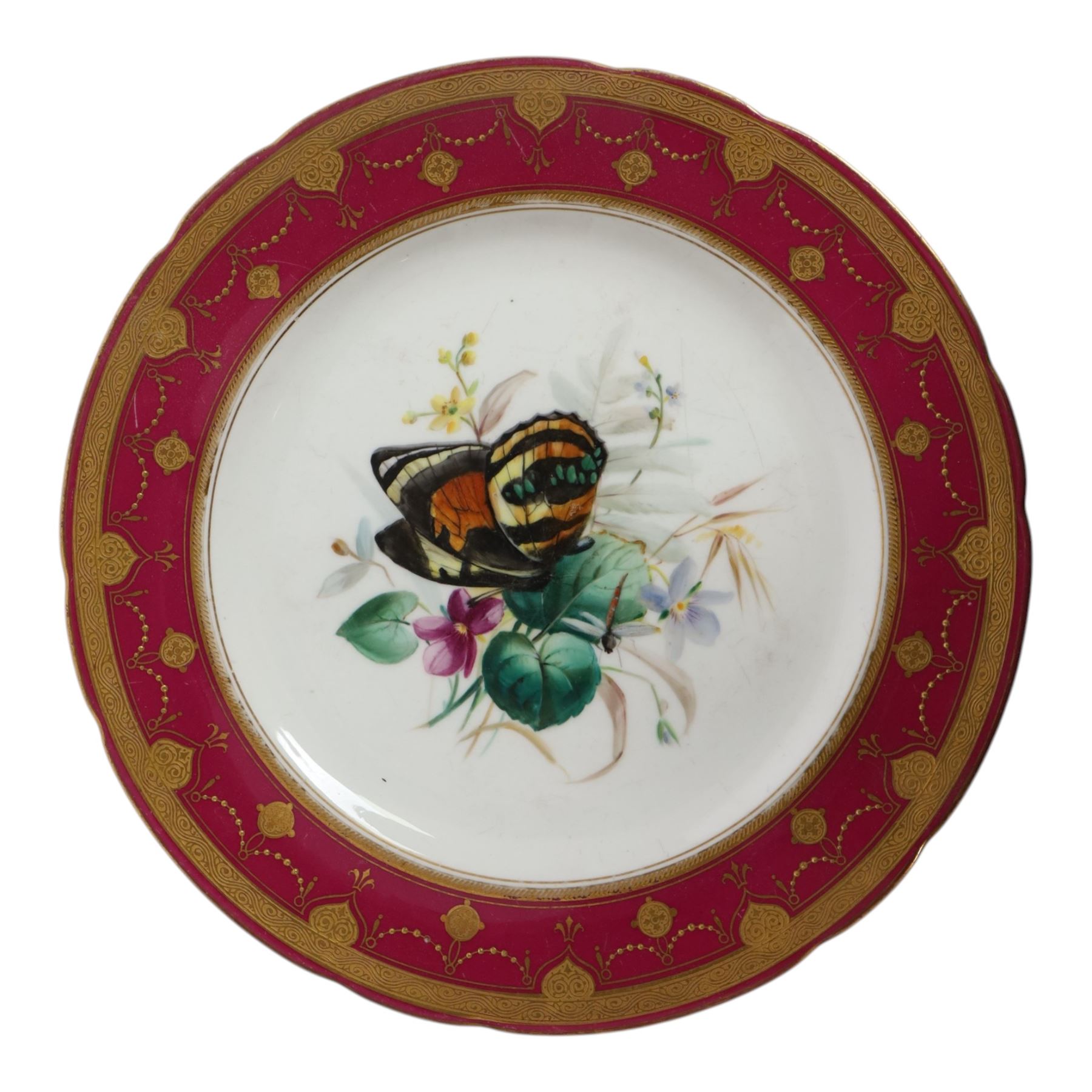 19th century Minton dessert plates, five decorated with a central ornithological study and four decorated with butterflied, each with within a red  and gilt board