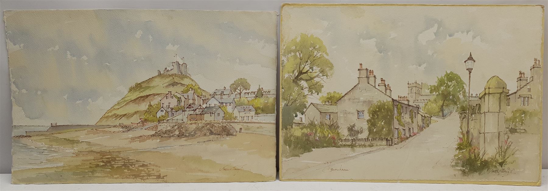 Tony Haigh (British c1936-2012): 'Downham' and Coastal Castle, pair watercolours signed, one titled 38cm x 57cm (2) (unframed)
