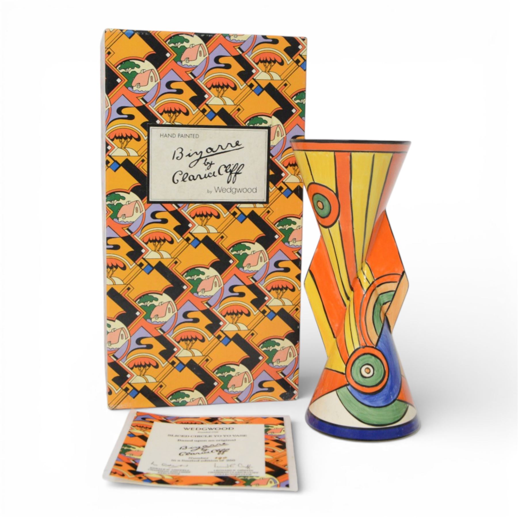 Wedgwood Bizarre by Clarice Cliff, Sliced Circle Yo Yo vase, hand painted based upon an original, limited edition 190/250, with certificate and box, H23cm 