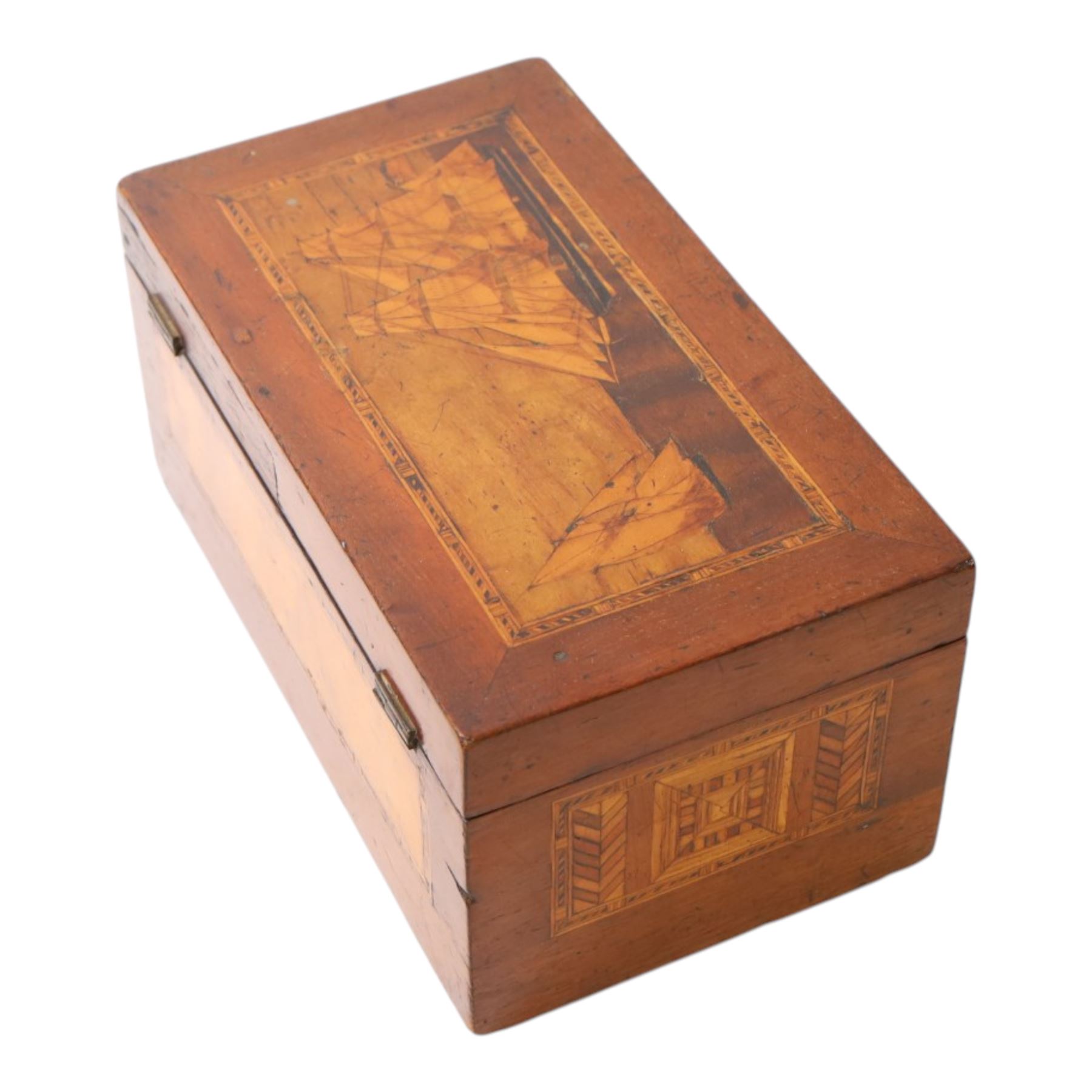 19th century satin wood marquetry inlaid correspondents box, the lid with inlaid three-masted sailing ship, opening to fitted compartments,  H1cm, L21cm, D12cm