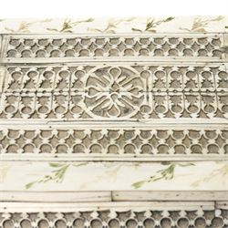Early 19th-century French Napoleonic Prisoner of War bone workbox, decorated with repeating pierced classical decoration within borders of sgraffito foliate motifs, H13cm x W22cm x D15cm