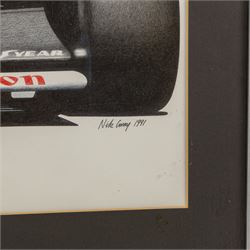 Four Formula 1 racing prints by Nik Curry, including a signed limited edition example, all within silver frames, H38cm, W59cm