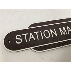 Cast iron Station Master wall plaque on a brown ground, L39cm - THIS LOT IS TO BE COLLECTED BY APPOINTMENT FROM DUGGLEBY STORAGE, GREAT HILL, EASTFIELD, SCARBOROUGH, YO11 3TX