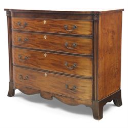 19th century mahogany bow fronted chest, the moulded top over four long cock-beaded drawers with brass swan neck handles and shield shaped bone escutcheons, flanked by reeded uprights, raised upon shaped bracket feet