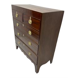 Early 19th century mahogany chest, fitted with two short and three long drawers, oval brass plate handles, bone escutcheons, shaped apron with bracket feet