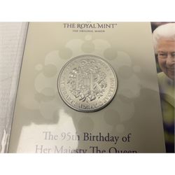 Commemorative coins including 2018 '40 Years of The Snowman' brilliant uncirculated fifty pence coin, 2018 'Peter Rabbit' brilliant uncirculated fifty pence coin, 2021 'Celebrating the Life and Work of H.G. Wells' brilliant uncirculated two pound coin, 2021 'The 95th Birthday of Her Majesty The Queen' brilliant uncirculated five pound coin, etc., all housed in card folders