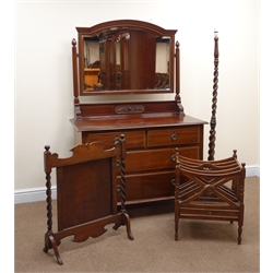  Edwardian dressing chest, raised mirror back, two short and two long drawers, shaped bracket supports (W107cm, H160cm, D51cm), an oak barely twist fire screen, a Canterbury style magazine rack and a standard lamp (4)  