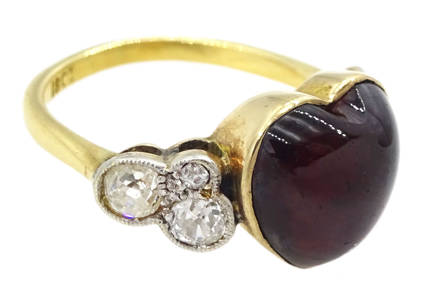 Early 20th century gold heart cut garnet and six stone old cut diamond ring, stamped 18ct, total diamond weight approx 0.50 carat