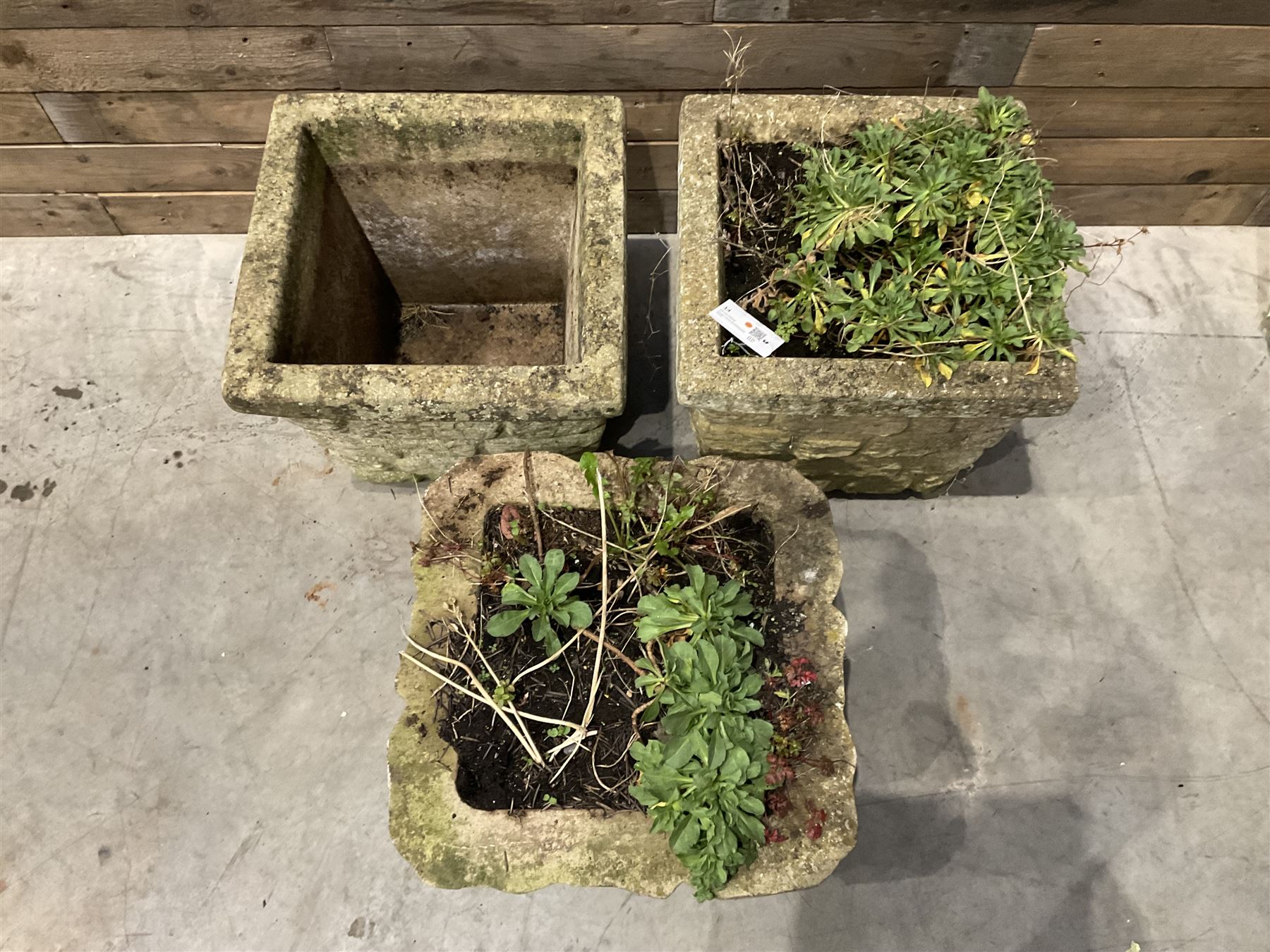 Pair of cast stone pattern tapering square planters, and a similar planter (3)