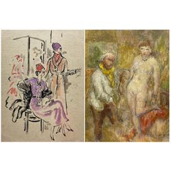 Harold Hope Read (British 1881-1959): 'Artist with Nude' and 'Two Ladies', pastel and watercolour (respectively), signed, labelled verso max 20cm x 16cm (2) (unframed)