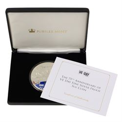 Queen Elizabeth II Solomon Islands 2020 '75th Anniversary of VE Day' five ounce fine silver proof ten dollar coin, issued by the Jubilee Mint, cased with certificate
