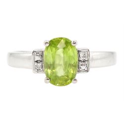 9ct white gold three stone oval cut peridot and diamond ring, hallmarked