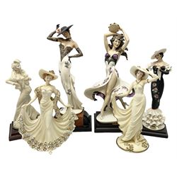 Three Giuseppe Armani Florence figures comprising limited edition Flamenco Beauty, 215/625, no. 2068C, Gipsy Queen no. 1453C and Carmen 0520C, together with two Leonardo Collection figures and a Capodimonte Bruno Merli figure, tallest H34cm (6)