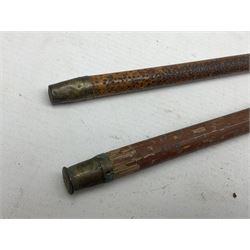 George V 1897 pattern Army Officer's sword by Henry Wilkinson Pall Mall London, the 82.5cm 'London Made' blade etched to both sides with Royal Crests and cyphers etc, pierced half-basket hilt with wire-bound fish skin grip and remains of leather knot strap; in leather covered field service scabbard L101cm overall; and two 14th Prince of Wales Own swagger sticks (3)