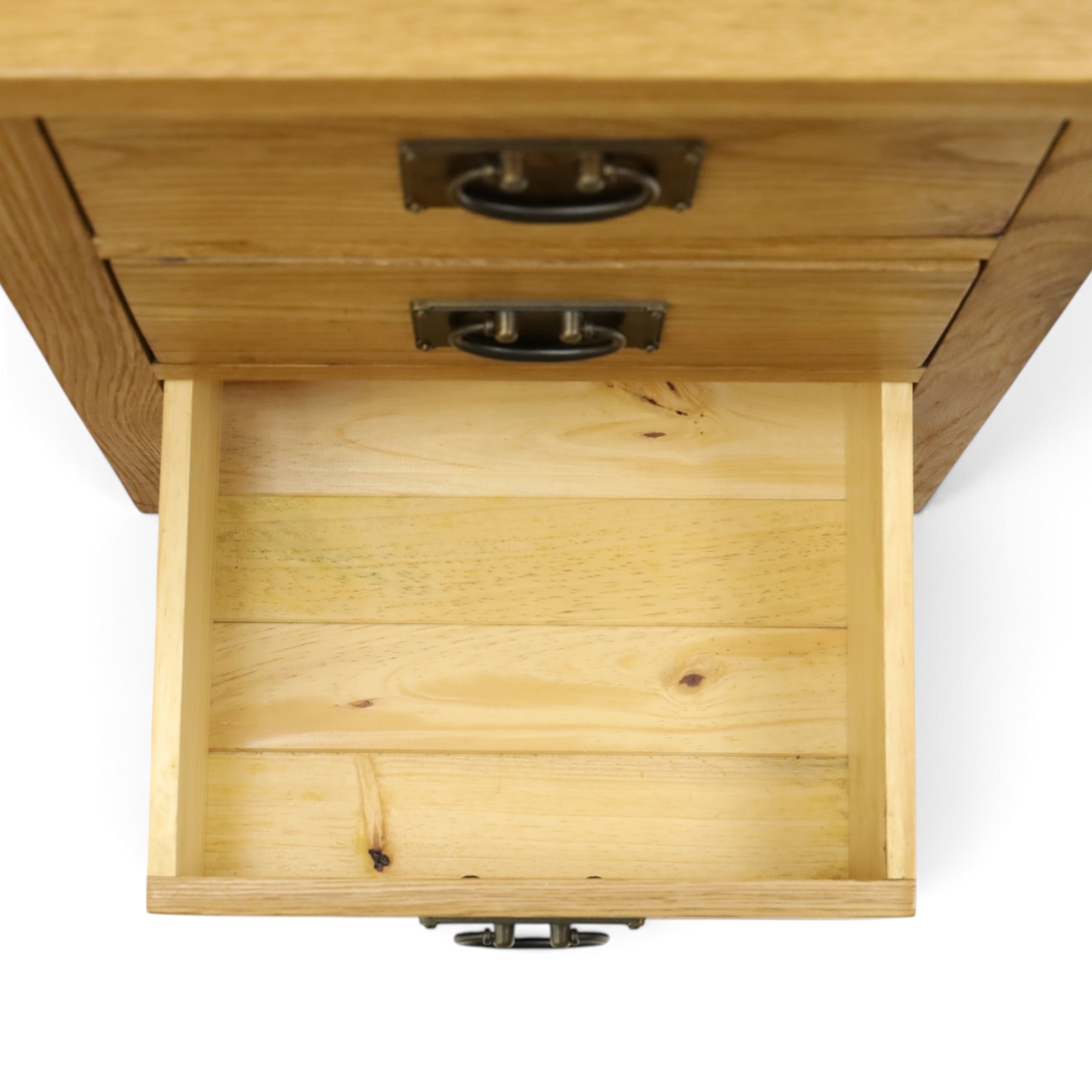 Pair of solid light oak bedside chests, rectangular top over three graduating drawers with metal handles and plates, on square feet