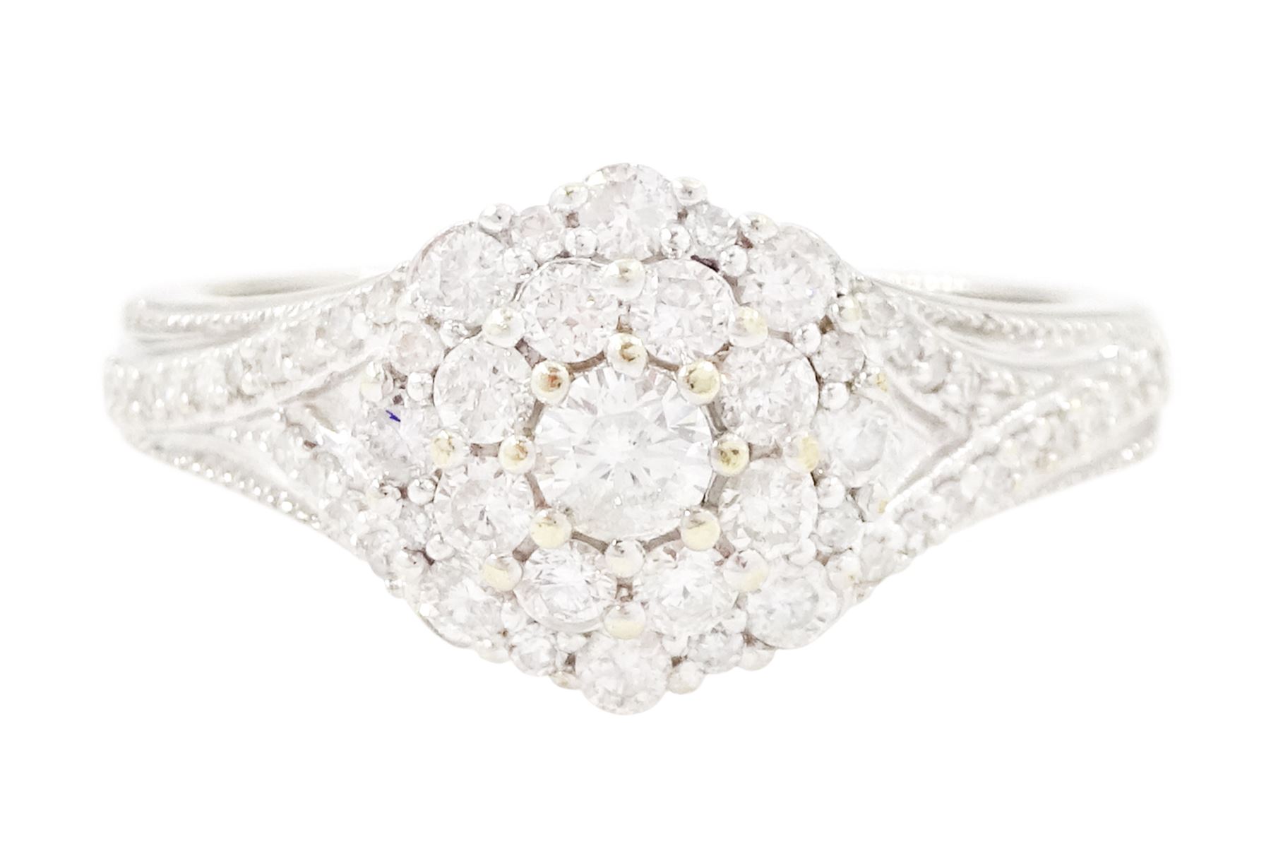 9ct gold diamond cluster ring, set with round brilliant cut diamonds and diamond set shoulders, hallmarked, total diamond weight 0.50 carat