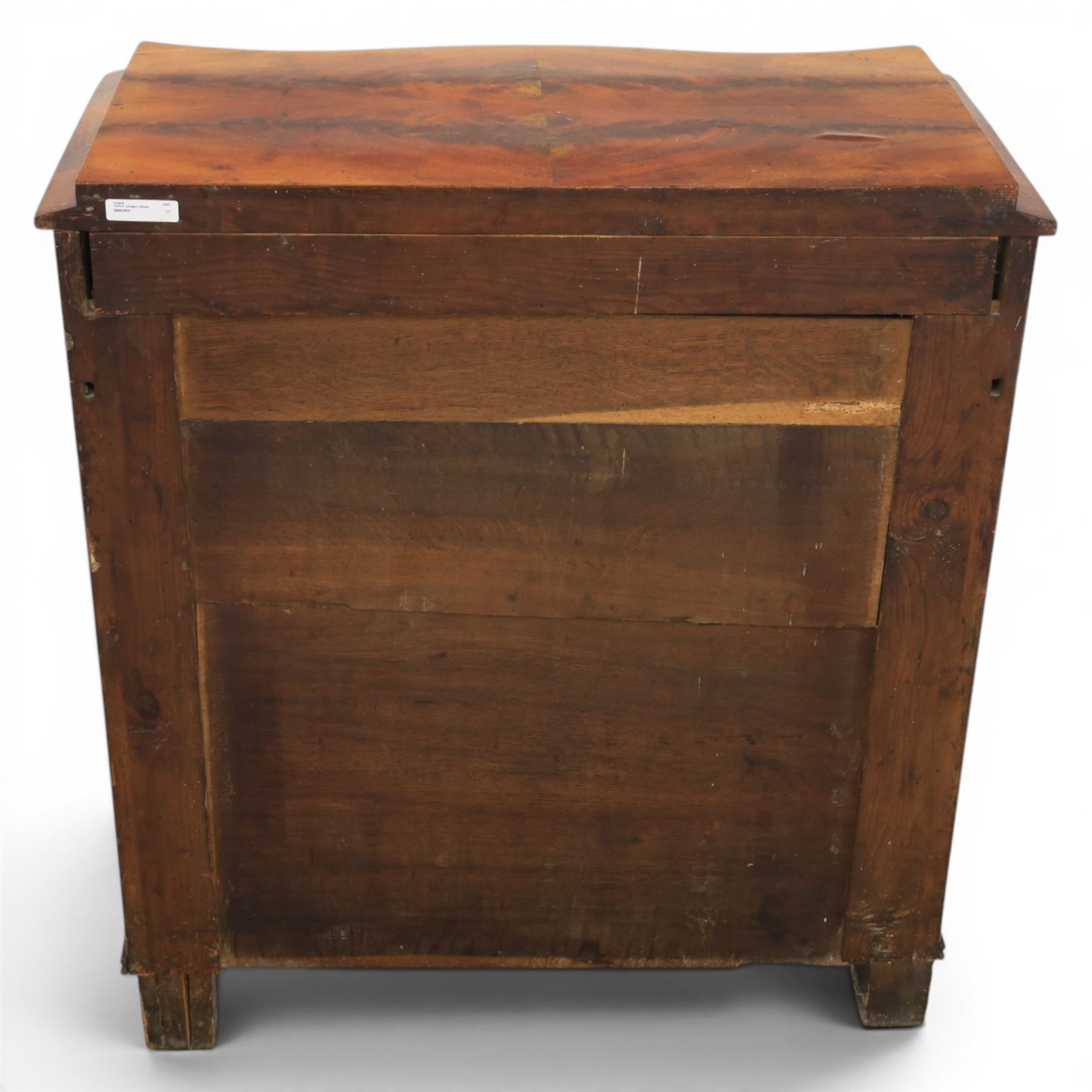 Victorian mahogany chiffonier, with serpentine front and book-matched veneered top, over a frieze drawer and cabinet, raised on pad feet