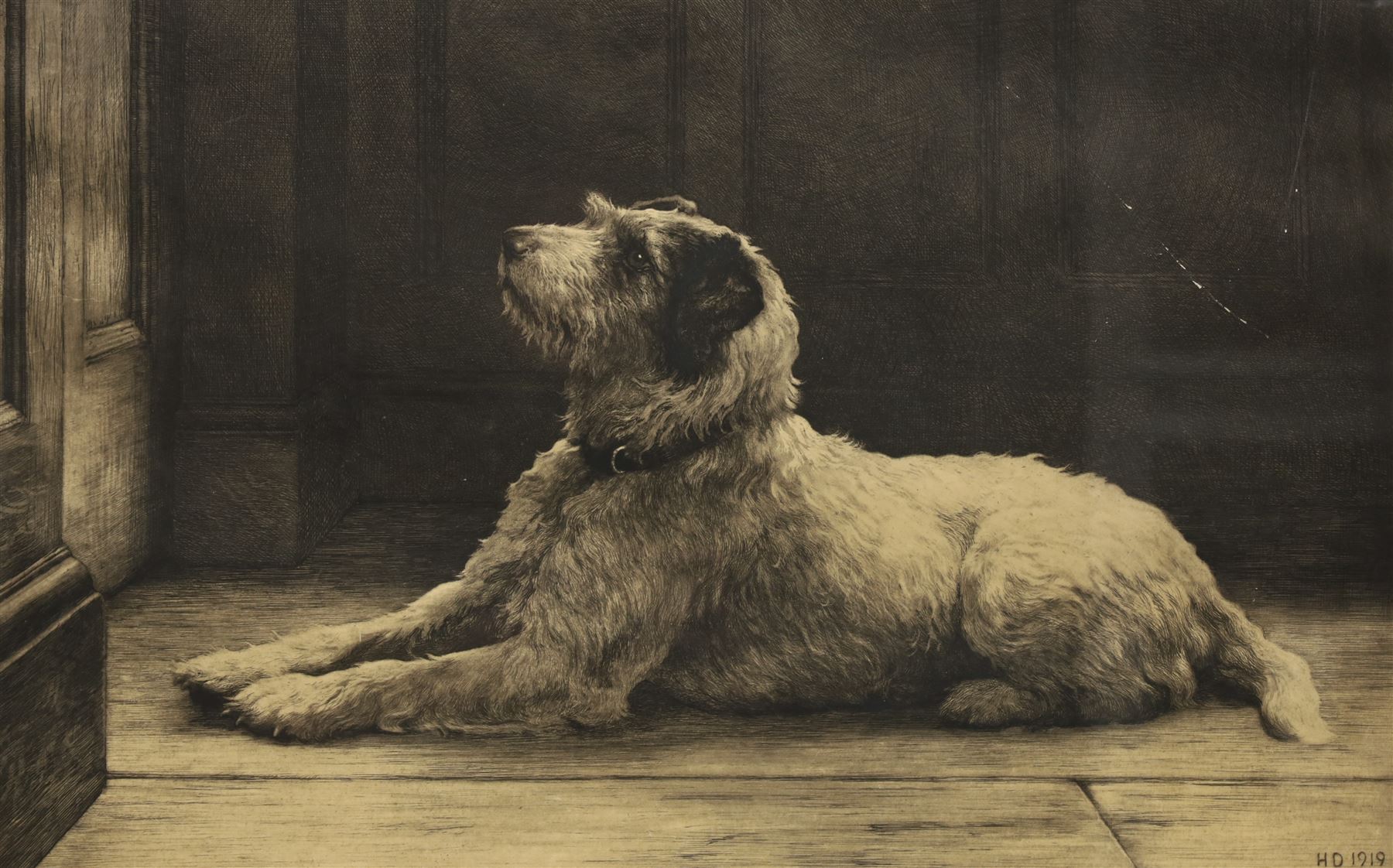 Herbert Thomas Dicksee (British 1862-1942): 'The Closed Door', black and white etching signed in pencil and dated on the plate 1919, 34cm x 54cm