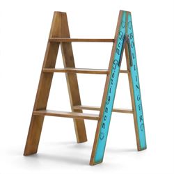 Contemporary wooden folding stepladder, three treads to each side, turquoise painted panel...