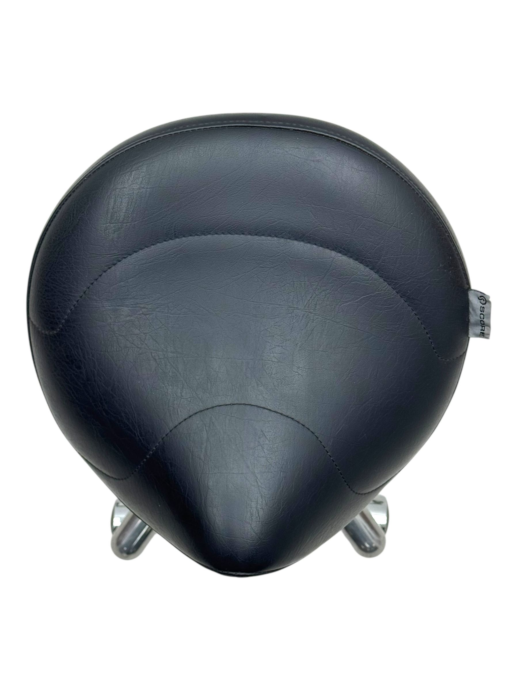 Score - contemporary 'Amazone' saddle stool, upholstered in black leatherette with adjustable height and tilt mechanism, raised on chrome spoke base fitted with castors