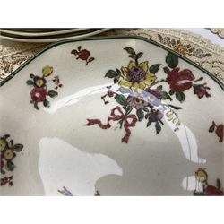 Royal Doulton part dinner service in Old Leeds Sprays pattern,  to include cheese dome, teapot and stand, egg cups etc, together with a selection of floral doilies.  