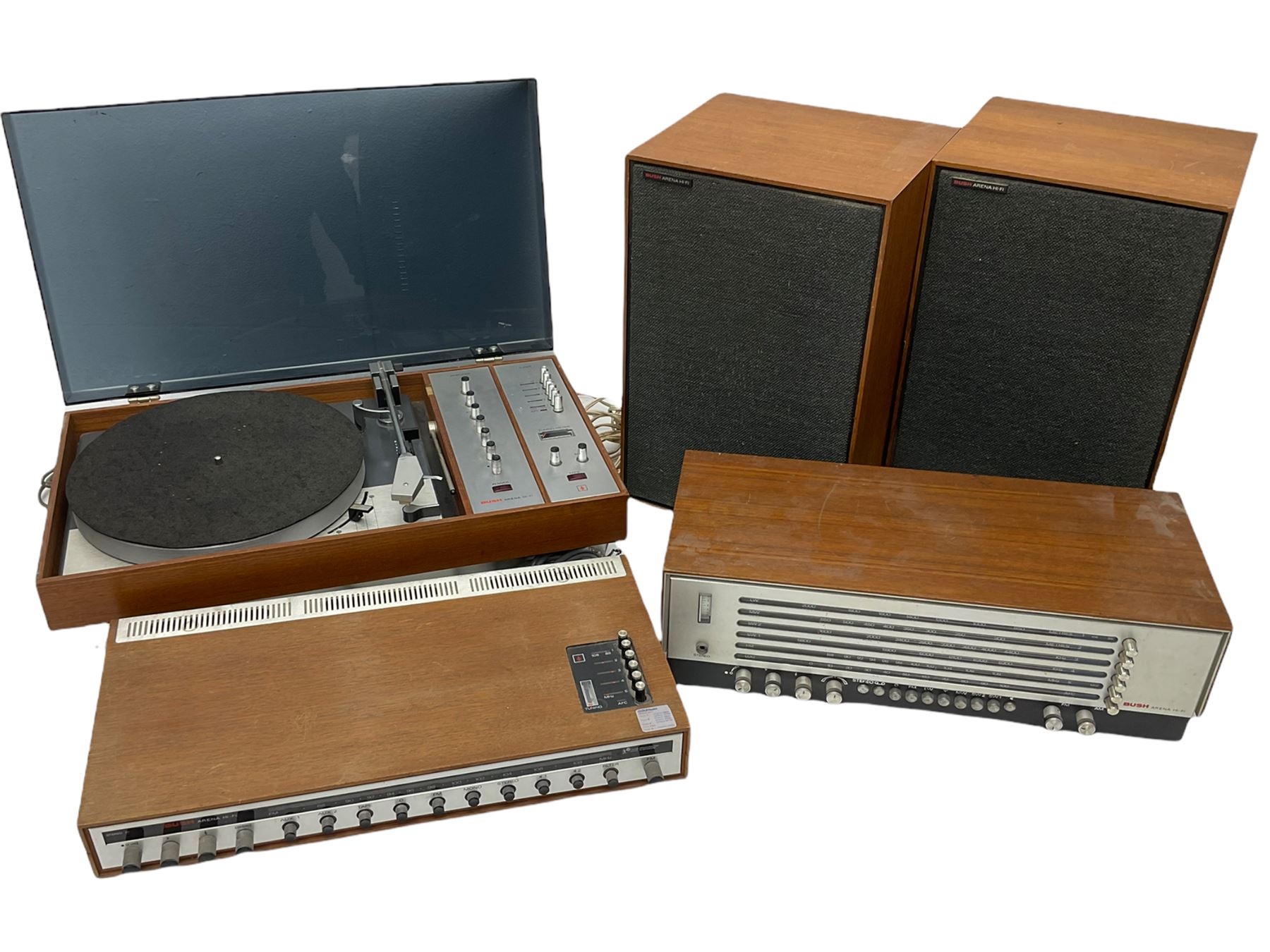 BUSH 'Arena' stereo system, in teak casing - two speakers, radio receiver TA2800, tuner amp TA2700, turntable with amp and tuner RTA 2000 - all untested