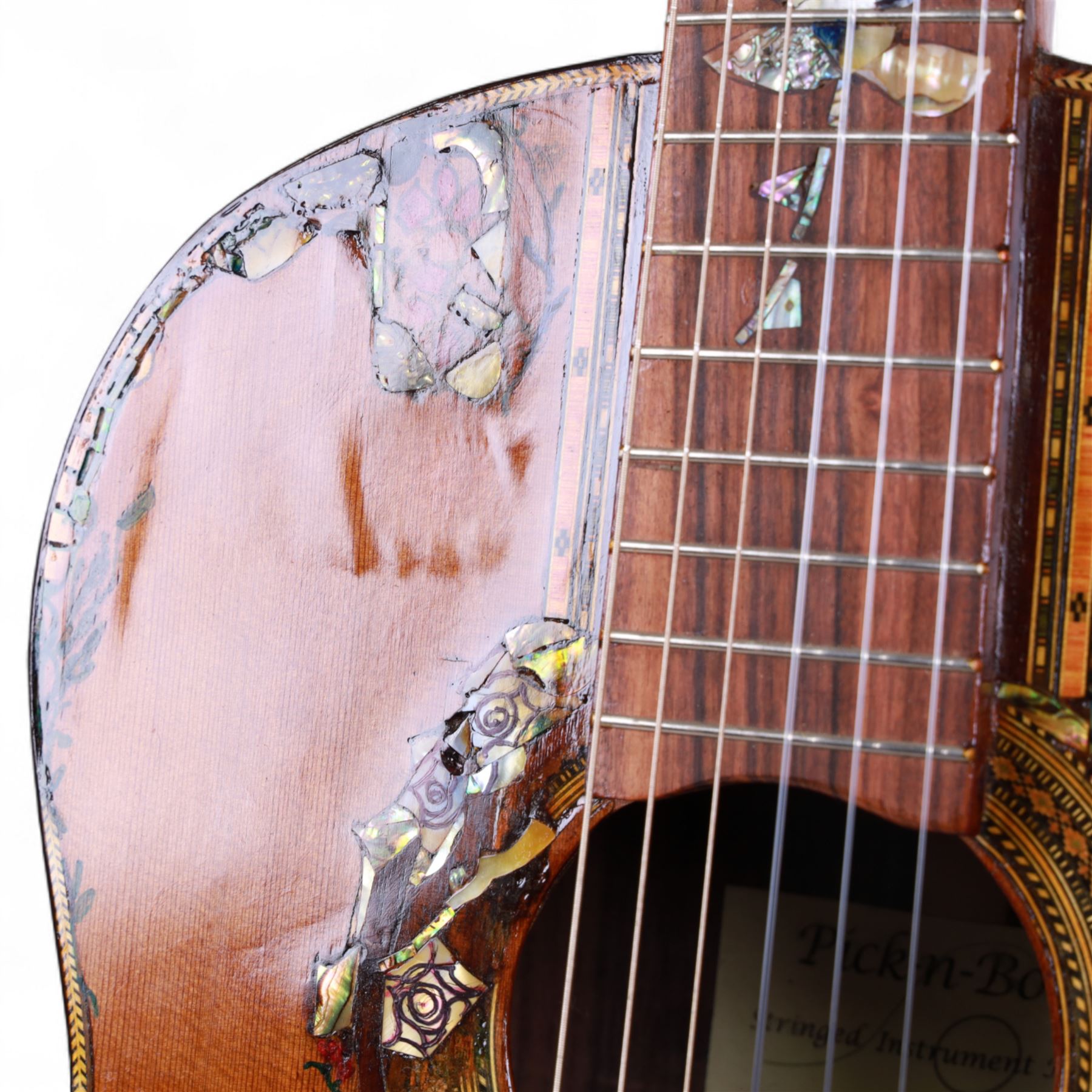 'The Moor Relic' classical guitar, with aged finish and abalone inlay, made by Geoff Hall, stringed instrument maker