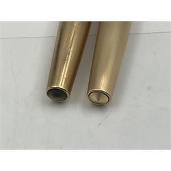 Three rolled gold Parker fountain pens, comprising an example with a gold nib marked 14K 585 and barrel with a shell stamp, a Parker 61 fountain pen with inset gold arrow to the nib, and another similar, all with striated decoration and arrow clips to the caps, L13cm, one with box