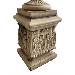 Leeds Fire Clay - 19th century garden urn on plinth, moulded rim over stop-fluted body and acanthus leaf underbelly, moulded footed base, the plinth with moulded upper edge over acanthus leaves, moulded base 