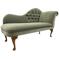Victorian design chaise longue, upholstered in buttoned green fabric, on cabriole feet
