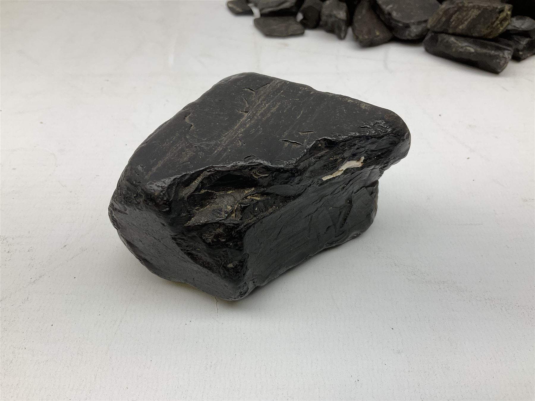 Collection of raw Whitby jet including large piece with one polished side, approx 4lbs