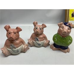  Full Set of Wade Natwest Pigs to include cousin Wesley, with an additional baby and framed leaflet 