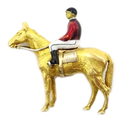  Gold and enamel racehorse brooch, Queen Elizabeth II colours, hallmarked 9ct  